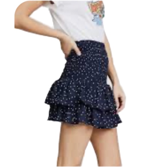 BB Dakota Skirt XS Y2K Navy & White POLKA DOTS Ruffled Sheered Mini - Picture 2 of 14